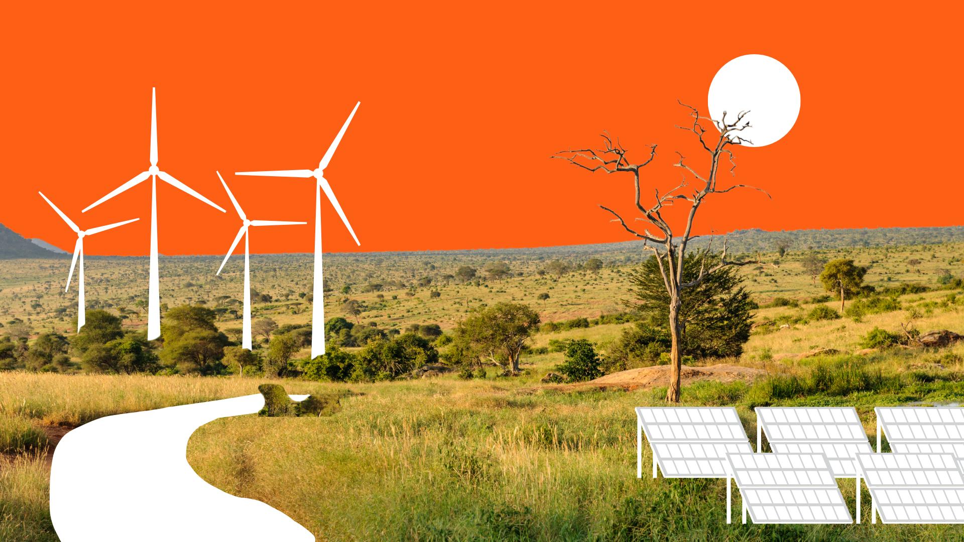 An image of an African savannah with an orange colored sky and white graphics of solar panels, windmills, and a sun
